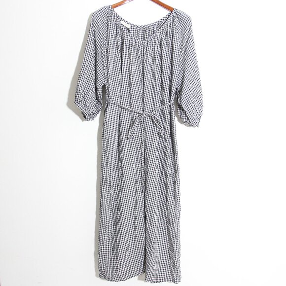 NWT Eva Cassis Athena Midi Dress 100% Italian Linen Gingham Check Plaid One Size - Picture 1 of 11